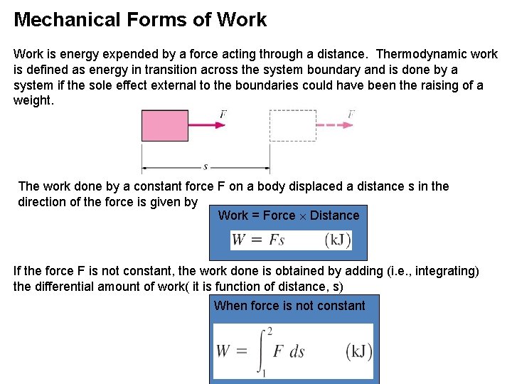 Mechanical Forms of Work is energy expended by a force acting through a distance.