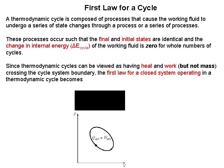 First Law for a Cycle A thermodynamic cycle is composed of processes that cause