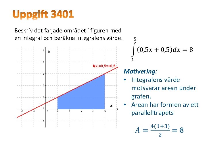 Beskriv det färjade området i figuren med en integral och beräkna integralens värde. Motivering: