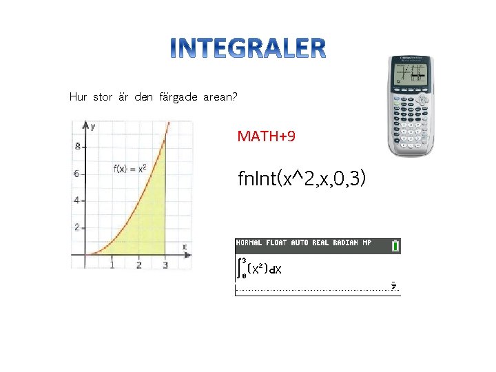 Hur stor är den färgade arean? MATH+9 fn. Int(x^2, x, 0, 3) 