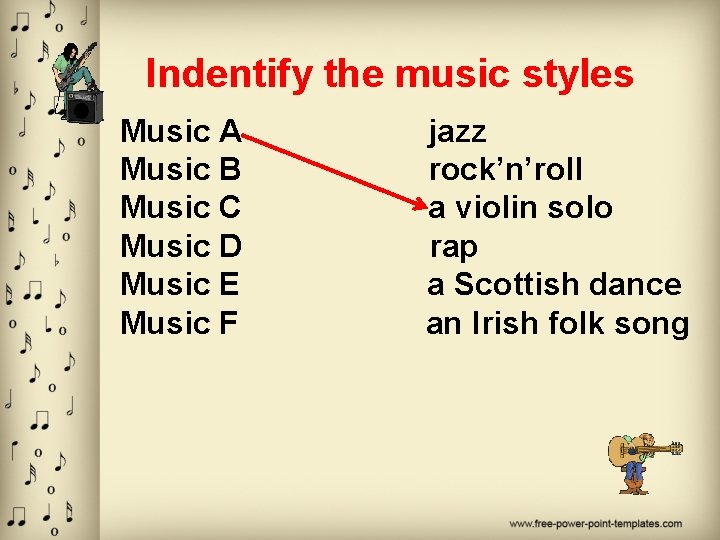 Indentify the music styles Music A jazz Music B rock’n’roll Music C a violin