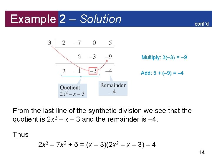 Example 2 – Solution cont’d Multiply: 3(– 3) = – 9 Add: 5 +