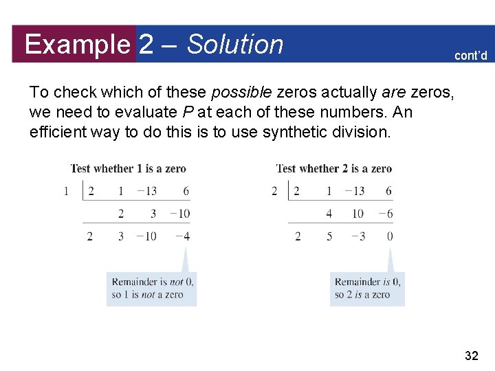 Example 2 – Solution cont’d To check which of these possible zeros actually are