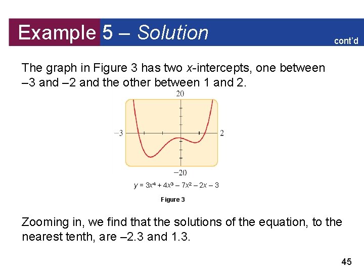 Example 5 – Solution cont’d The graph in Figure 3 has two x-intercepts, one