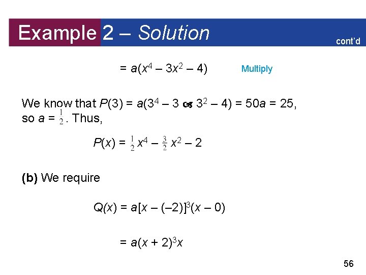 Example 2 – Solution = a(x 4 – 3 x 2 – 4) cont’d