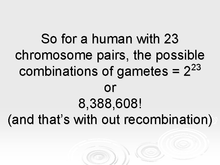 So for a human with 23 chromosome pairs, the possible 23 combinations of gametes So for a human with 23 chromosome pairs, the possible 23 combinations of gametes