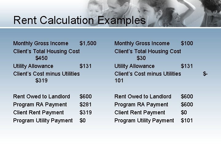 Rent Calculation Examples Monthly Gross Income $1, 500 Client’s Total Housing Cost $450 Utility