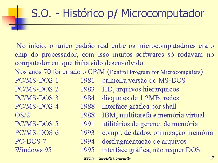 S. O. - Histórico p/ Microcomputador No início, o único padrão real entre os