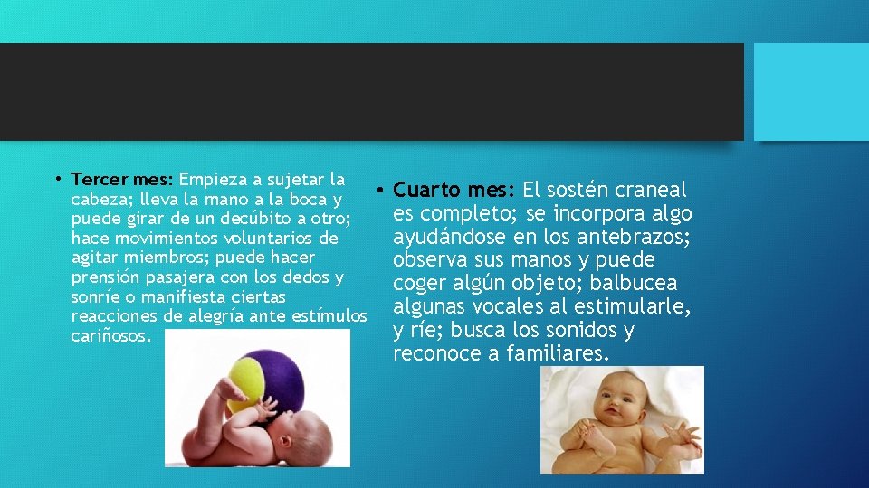  • Tercer mes: Empieza a sujetar la • Cuarto mes: El sostén craneal