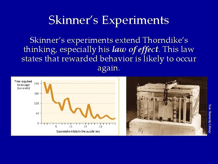 Skinner’s Experiments Skinner’s experiments extend Thorndike’s thinking, especially his law of effect. This law