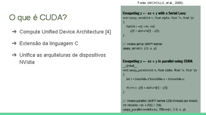 Fonte: (NICKOLLS, et al. , 2008). O que é CUDA? ➔ Compute Unified Device