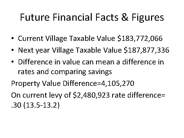 Future Financial Facts & Figures • Current Village Taxable Value $183, 772, 066 •