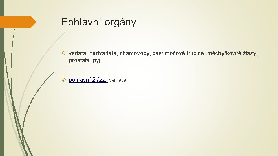 Pohlavní orgány varlata, nadvarlata, chámovody, část močové trubice, měchýřkovité žlázy, prostata, pyj pohlavní žláza: