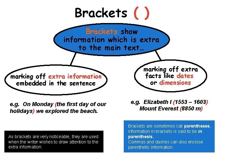 Brackets ( ) Brackets show information which is extra to the main text… marking