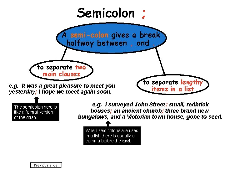 Semicolon ; A semi-colon gives a break halfway between , and. to separate two