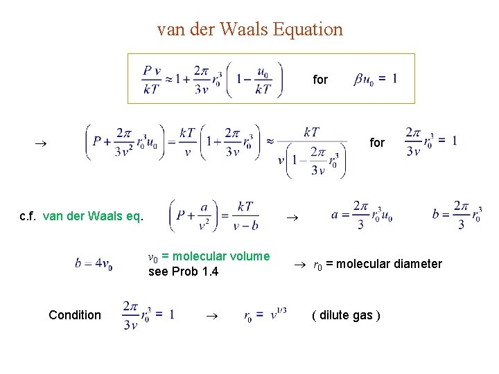 van der Waals Equation for c. f. van der Waals eq. v 0 =