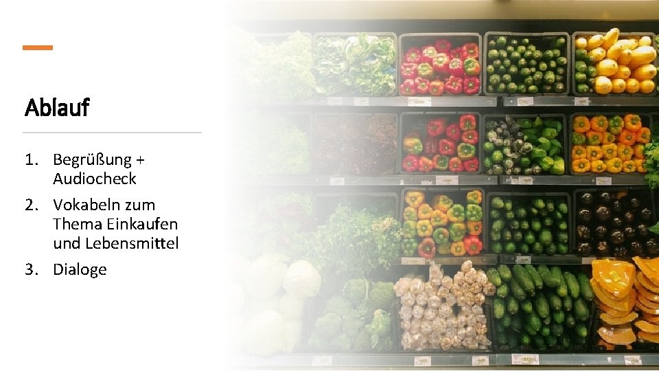 Ablauf 1. Begrüßung + Audiocheck 2. Vokabeln zum Thema Einkaufen und Lebensmittel 3. Dialoge