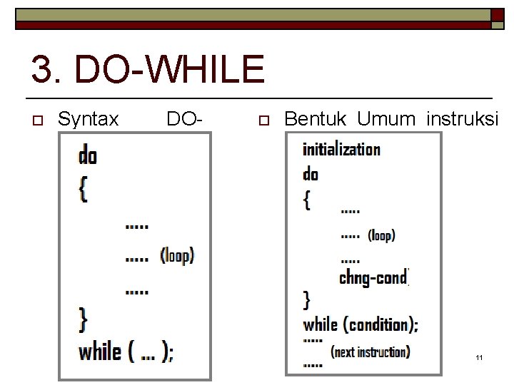 3. DO-WHILE o Syntax WHILE DO- o Bentuk Umum instruksi DO-WHILE 11 