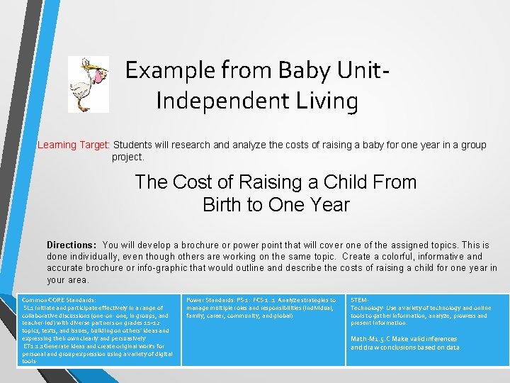Example from Baby Unit- Independent Living Learning Target: Students will research and analyze the