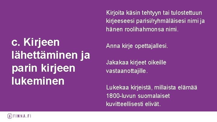 Kirjoita käsin tehtyyn tai tulostettuun kirjeeseesi parisi/ryhmäläisesi nimi ja hänen roolihahmonsa nimi. c. Kirjeen