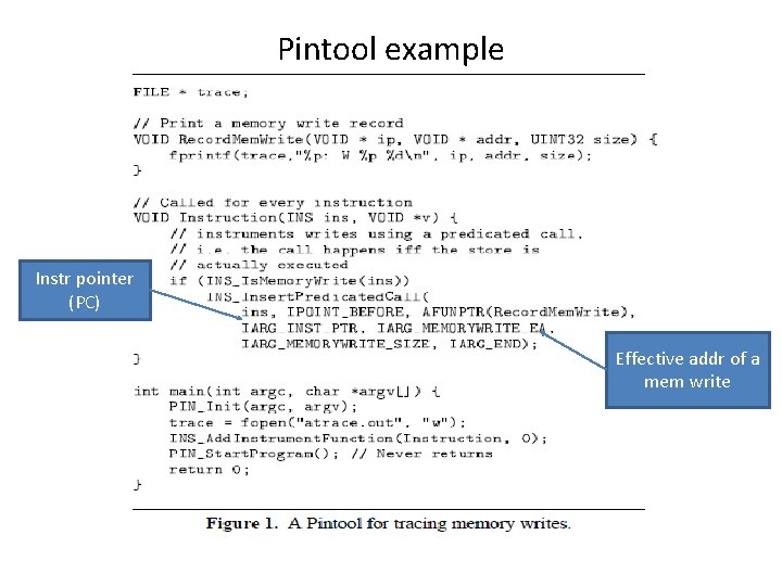 Pintool example Instr pointer (PC) Effective addr of a mem write 