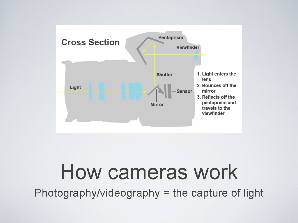 How cameras work Photography/videography = the capture of light 