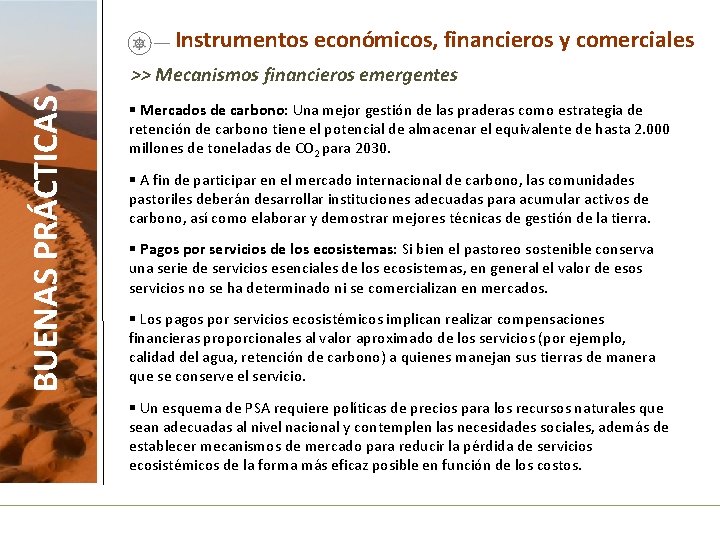 Instrumentos económicos, financieros y comerciales BUENAS PRÁCTICAS >> Mecanismos financieros emergentes § Mercados de
