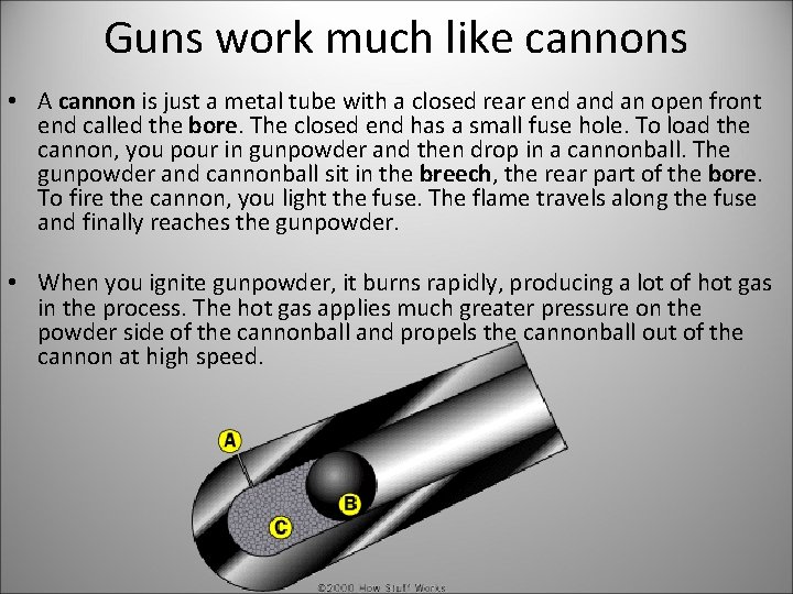 Guns work much like cannons • A cannon is just a metal tube with