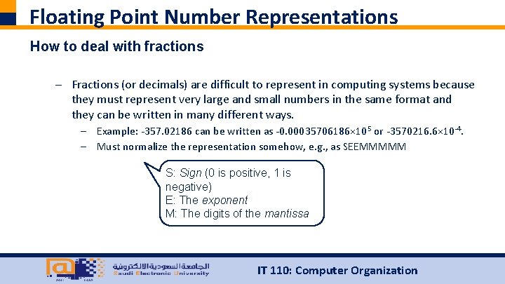 Floating Point Number Representations How to deal with fractions – Fractions (or decimals) are