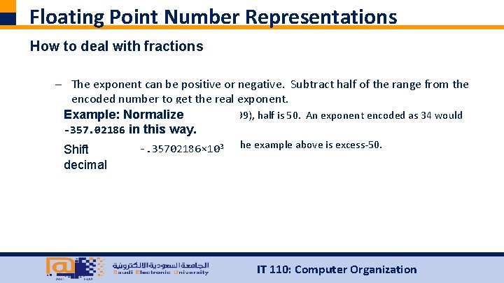 Floating Point Number Representations How to deal with fractions – The exponent can be