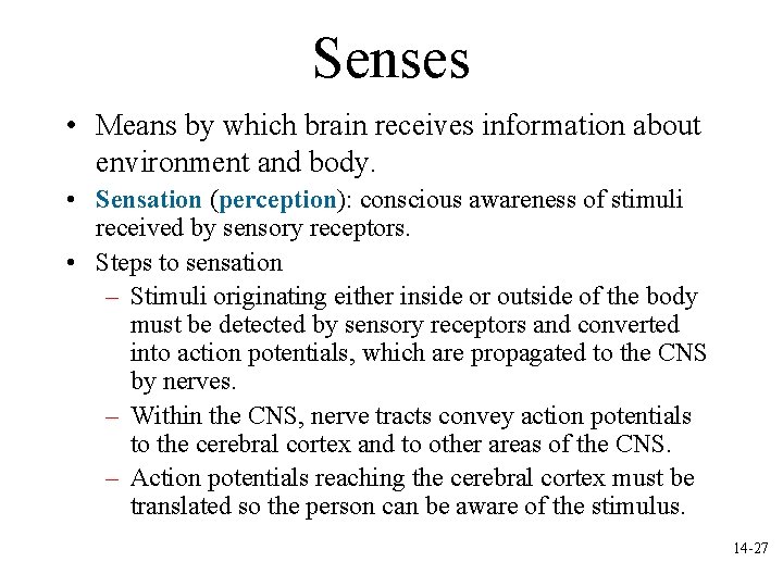 Senses • Means by which brain receives information about environment and body. • Sensation