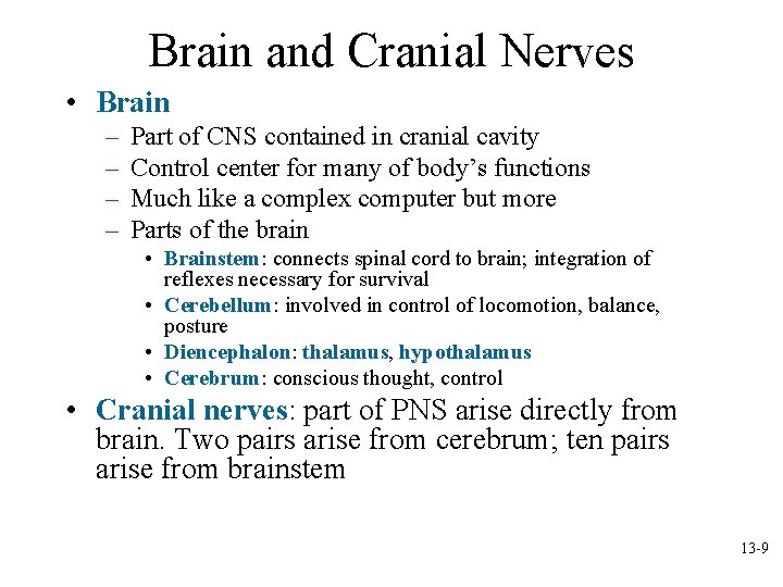 Brain and Cranial Nerves • Brain – – Part of CNS contained in cranial