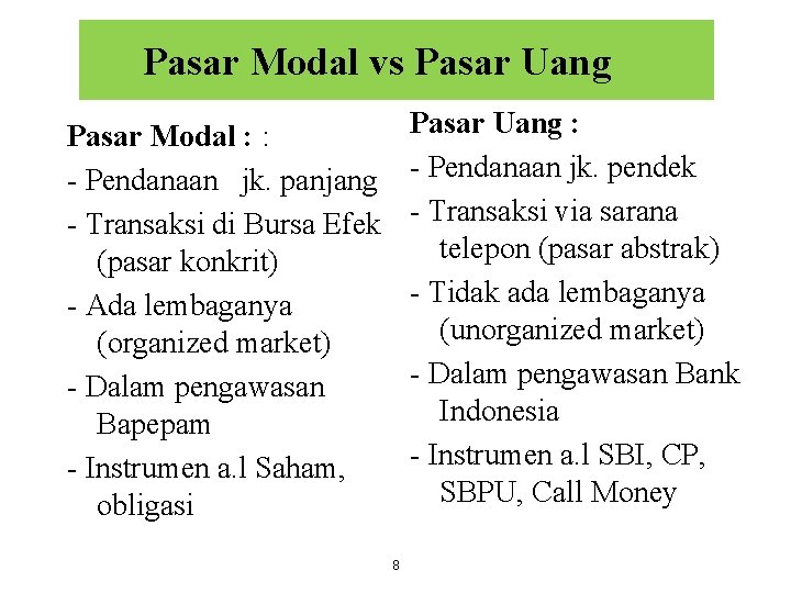 Pasar Modal vs Pasar Uang : - Pendanaan jk. pendek - Transaksi via sarana