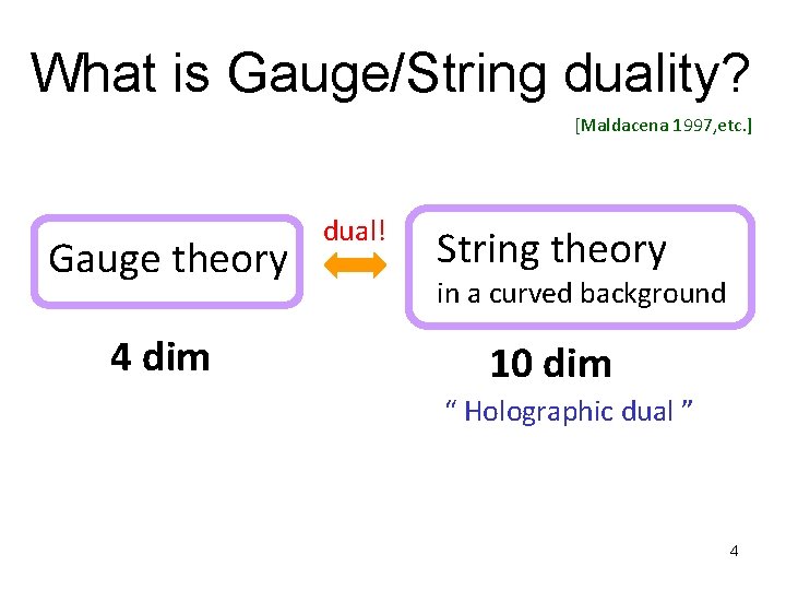 What is Gauge/String duality? [Maldacena 1997, etc. ] Gauge theory 4 dim dual! String