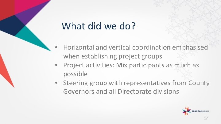 What did we do? • Horizontal and vertical coordination emphasised when establishing project groups