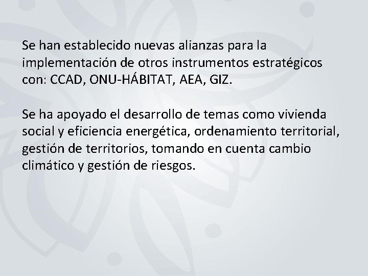 Se han establecido nuevas alianzas para la implementación de otros instrumentos estratégicos con: CCAD,