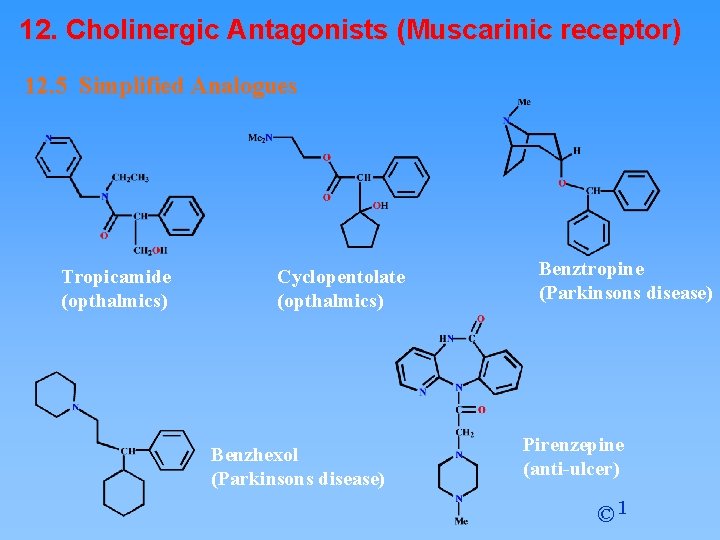 12. Cholinergic Antagonists (Muscarinic receptor) 12. 5 Simplified Analogues Tropicamide (opthalmics) Cyclopentolate (opthalmics) Benzhexol