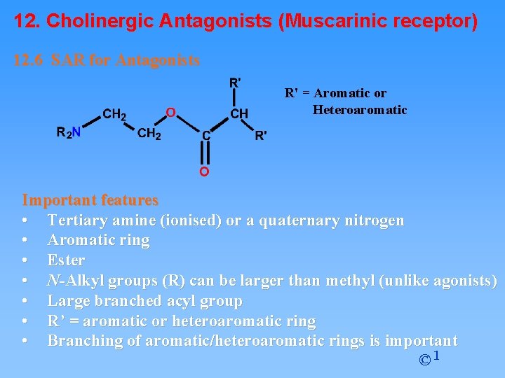 12. Cholinergic Antagonists (Muscarinic receptor) 12. 6 SAR for Antagonists R' = Aromatic or