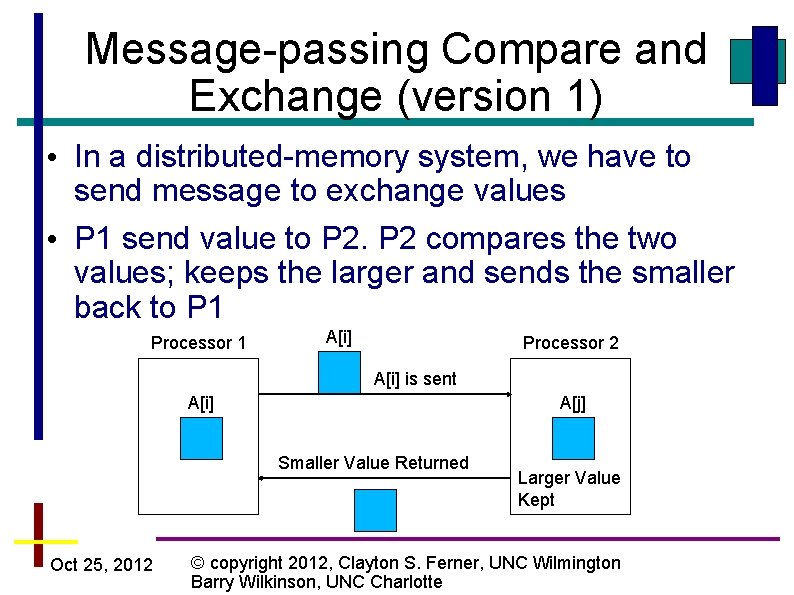 Message-passing Compare and Exchange (version 1) • In a distributed-memory system, we have to