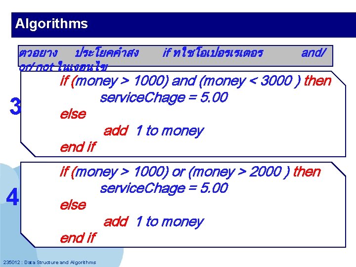 Algorithms ตวอยาง ประโยคคำสง or/ not ในเงอนไข 3 4 if ทใชโอเปอรเรเตอร and/ if (money >