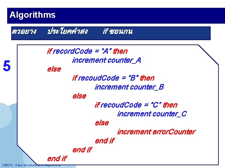 Algorithms ตวอยาง 5 ประโยคคำสง if ซอนกน if record. Code = “A” then increment counter_A
