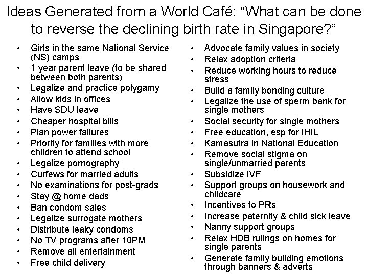 Ideas Generated from a World Café: “What can be done to reverse the declining