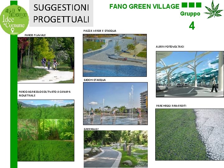 SUGGESTIONI PROGETTUALI FANO GREEN VILLAGE Gruppo 4 PIAZZA VERDE E D’ACQUA PARCO FLUVIALE ALBERI