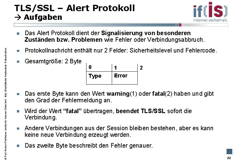 TLS/SSL – Alert Protokoll Aufgaben Prof. Norbert Pohlmann, Institut für Internet-Sicherheit - if(is), Westfälische