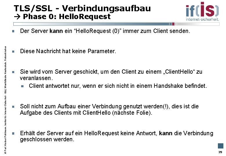 TLS/SSL - Verbindungsaufbau Phase 0: Hello. Request Prof. Norbert Pohlmann, Institut für Internet-Sicherheit -