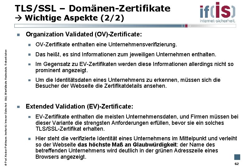 TLS/SSL – Domänen-Zertifikate Wichtige Aspekte (2/2) Organization Validated (OV)-Zertificate: Prof. Norbert Pohlmann, Institut für