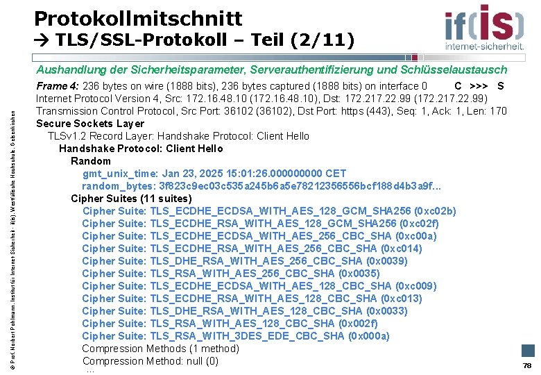Protokollmitschnitt TLS/SSL-Protokoll – Teil (2/11) Aushandlung der Sicherheitsparameter, Serverauthentifizierung und Schlüsselaustausch Prof. Norbert Pohlmann,