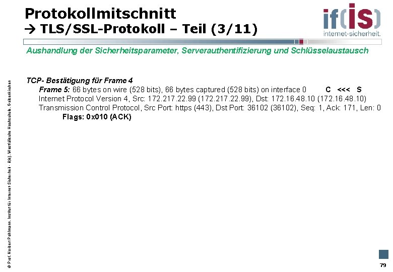 Protokollmitschnitt TLS/SSL-Protokoll – Teil (3/11) Aushandlung der Sicherheitsparameter, Serverauthentifizierung und Schlüsselaustausch Prof. Norbert Pohlmann,