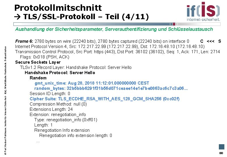 Protokollmitschnitt TLS/SSL-Protokoll – Teil (4/11) Aushandlung der Sicherheitsparameter, Serverauthentifizierung und Schlüsselaustausch Prof. Norbert Pohlmann,