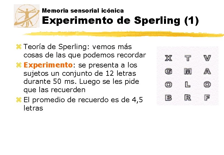 Memoria sensorial icónica Experimento de Sperling (1) z Teoría de Sperling: vemos más cosas Memoria sensorial icónica Experimento de Sperling (1) z Teoría de Sperling: vemos más cosas